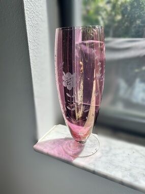 Vintage Cranberry Etched Glass Vase